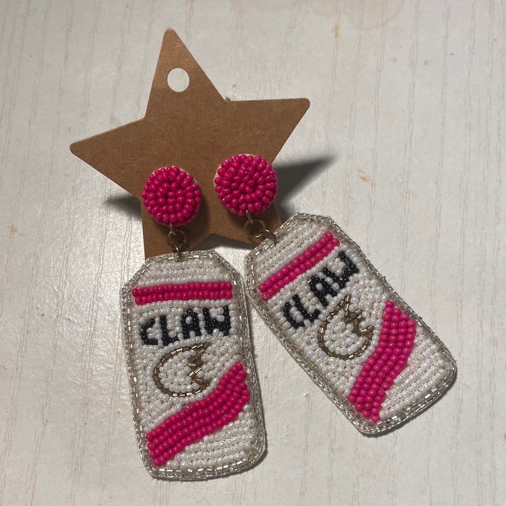 Pink and White Beaded White Claw Earrings